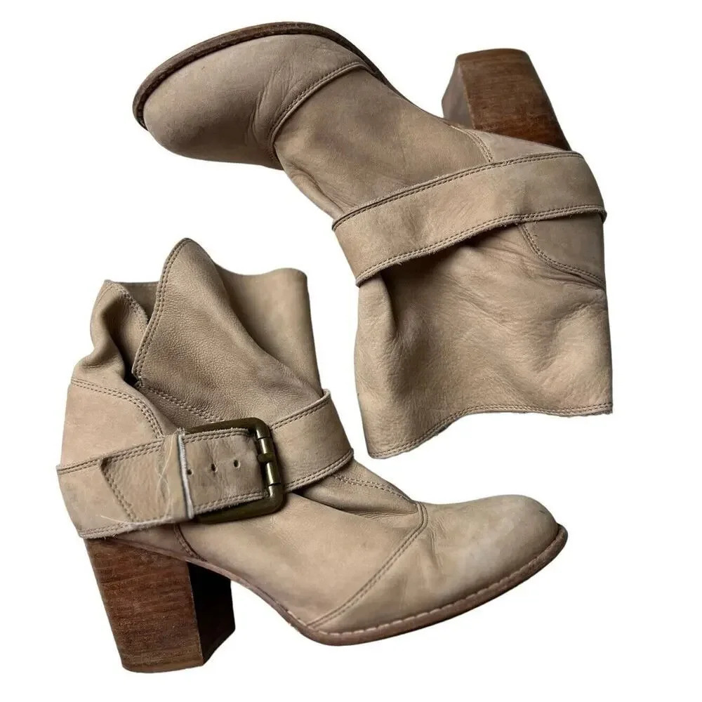 Splendid Tan Soft Suede Slouchy Ankle Boots Front Buckle Block Heel Size 9 Women